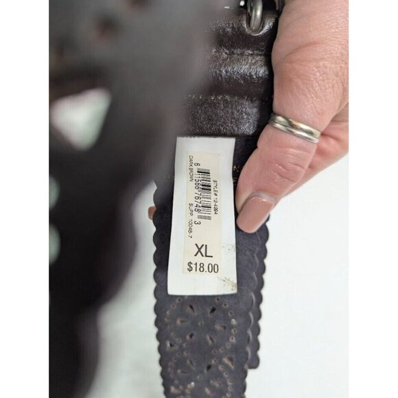 Dark brown women's XL belt embossed cut out design, New, faux leather 49.5" O13 - Picture 3 of 5